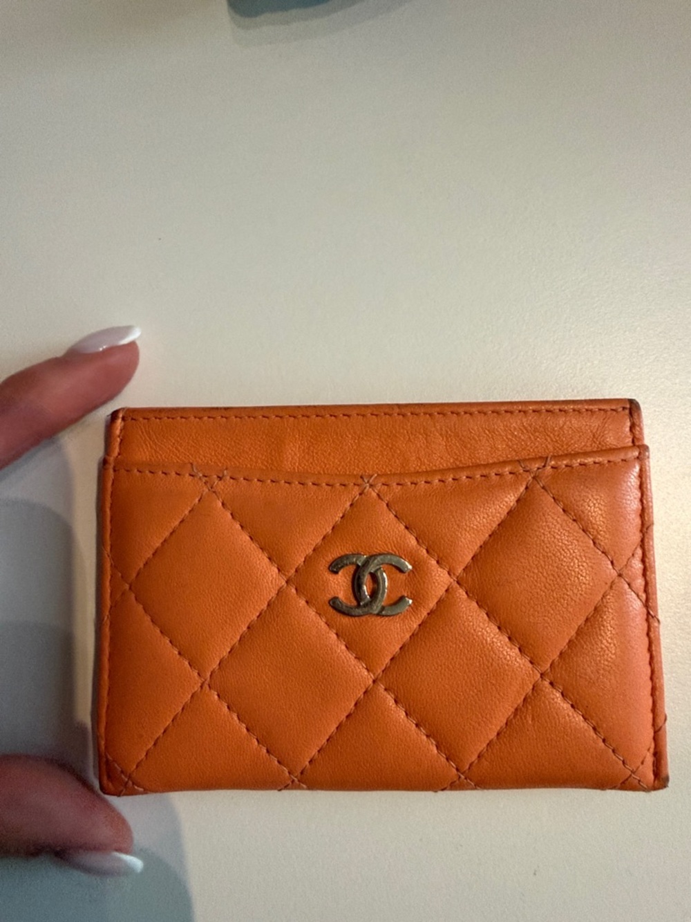 CHANEL Quilted Card Holder in Bright Orange with Silver CC